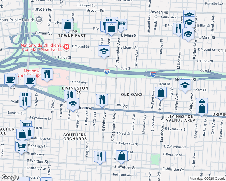 map of restaurants, bars, coffee shops, grocery stores, and more near 624 South Ohio Avenue in Columbus
