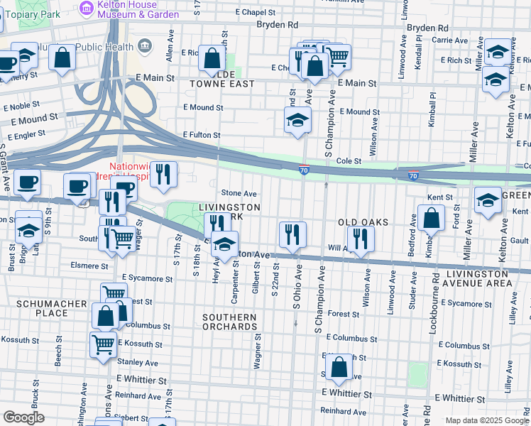 map of restaurants, bars, coffee shops, grocery stores, and more near 605 Gilbert Street in Columbus