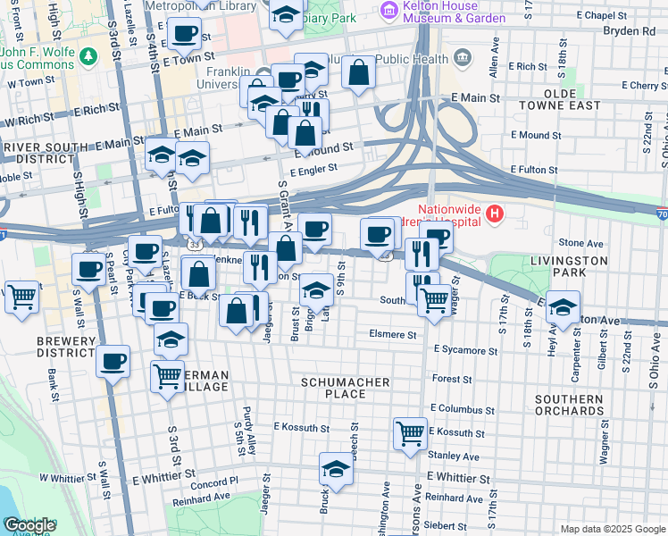 map of restaurants, bars, coffee shops, grocery stores, and more near 407 East Livingston Avenue in Columbus