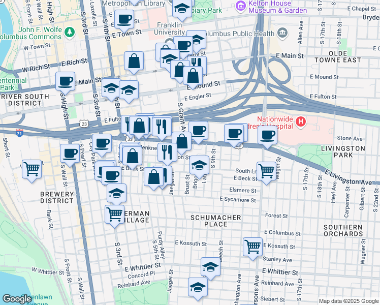 map of restaurants, bars, coffee shops, grocery stores, and more near 349 East Livingston Avenue in Columbus