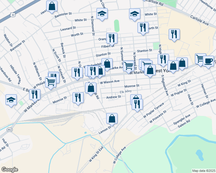 map of restaurants, bars, coffee shops, grocery stores, and more near 1811 Monroe Street in York