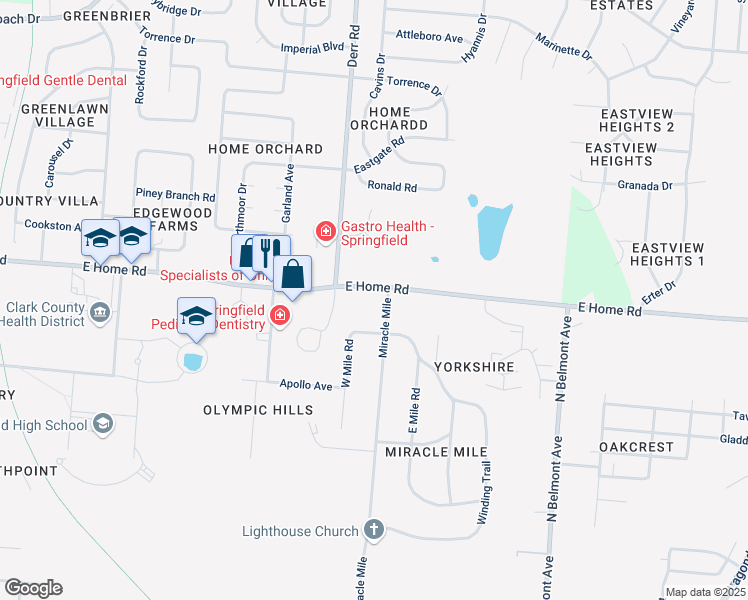 map of restaurants, bars, coffee shops, grocery stores, and more near 1401 East Home Road in Springfield