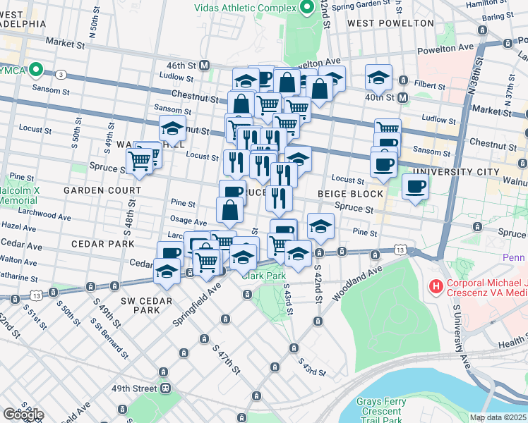 map of restaurants, bars, coffee shops, grocery stores, and more near 4333 Pine Street in Philadelphia