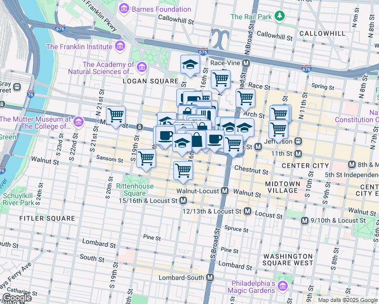 map of restaurants, bars, coffee shops, grocery stores, and more near 50 South 16th Street in Philadelphia