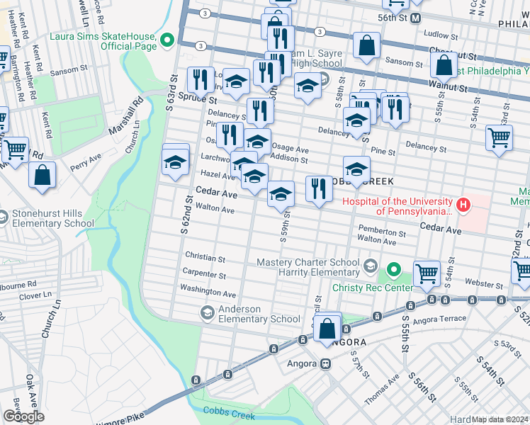 map of restaurants, bars, coffee shops, grocery stores, and more near 5945 Walton Avenue in Philadelphia