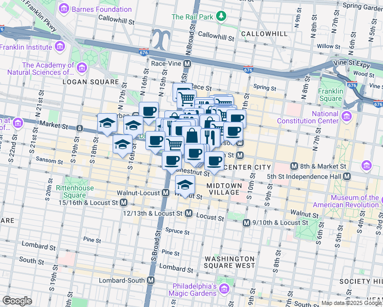 map of restaurants, bars, coffee shops, grocery stores, and more near 1300 Market Street in Philadelphia