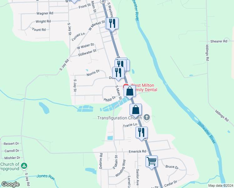 map of restaurants, bars, coffee shops, grocery stores, and more near 119 Philip Drive in West Milton