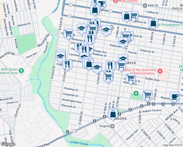map of restaurants, bars, coffee shops, grocery stores, and more near 5945 Walton Avenue in Philadelphia