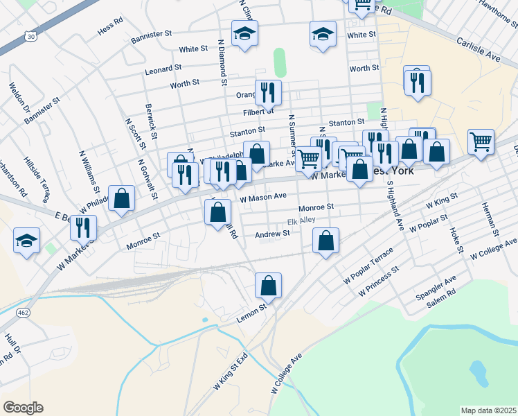 map of restaurants, bars, coffee shops, grocery stores, and more near 1811 Monroe Street in York