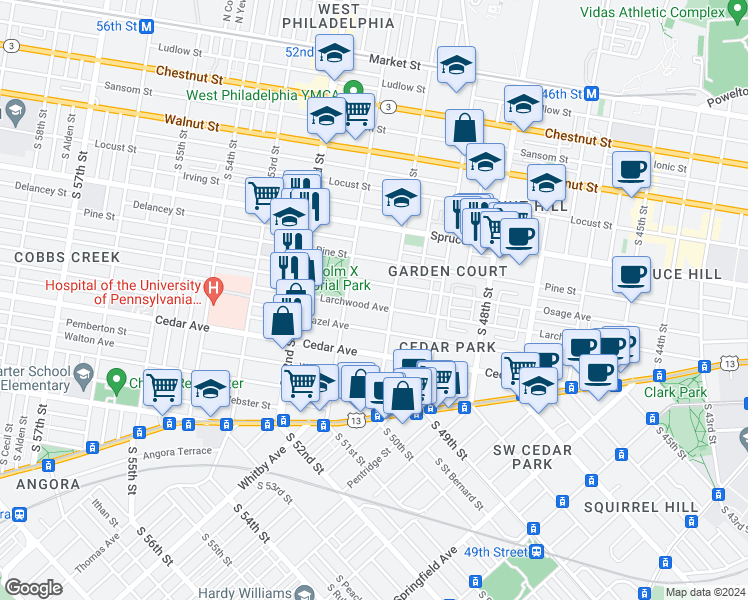 map of restaurants, bars, coffee shops, grocery stores, and more near 5019 Larchwood Avenue in Philadelphia