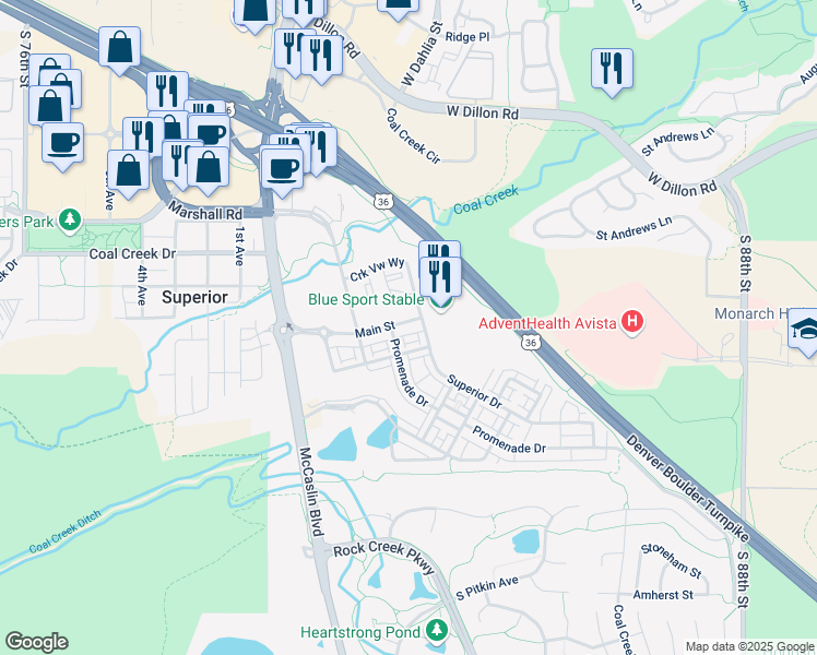 map of restaurants, bars, coffee shops, grocery stores, and more near 2345 Main Street in Superior