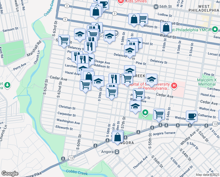 map of restaurants, bars, coffee shops, grocery stores, and more near 5822 Cedar Avenue in Philadelphia