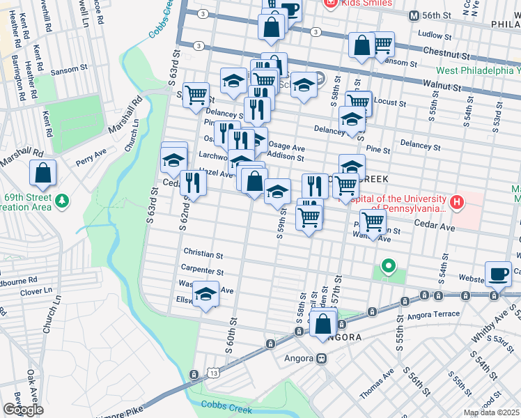 map of restaurants, bars, coffee shops, grocery stores, and more near 5949 Walton Avenue in Philadelphia