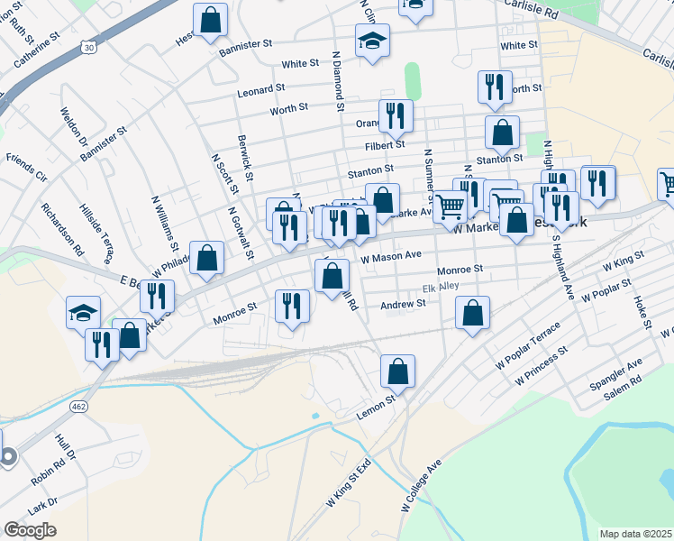 map of restaurants, bars, coffee shops, grocery stores, and more near 33 Hokes Mill Road in York