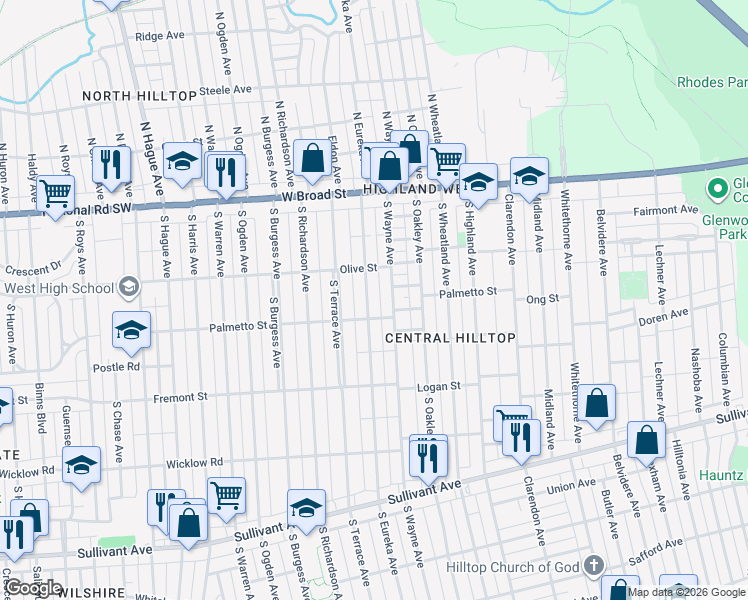 map of restaurants, bars, coffee shops, grocery stores, and more near 135 South Eureka Avenue in Columbus