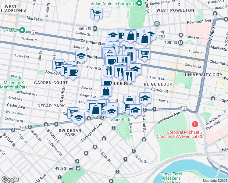 map of restaurants, bars, coffee shops, grocery stores, and more near 4411 Pine Street in Philadelphia