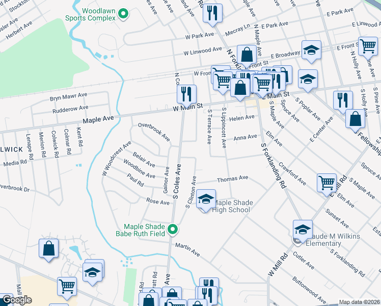 map of restaurants, bars, coffee shops, grocery stores, and more near 314 Anna Avenue in Maple Shade