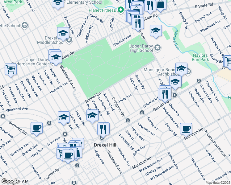 map of restaurants, bars, coffee shops, grocery stores, and more near 522 Hampshire Road in Drexel Hill