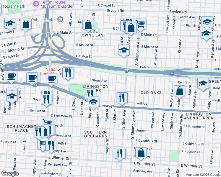map of restaurants, bars, coffee shops, grocery stores, and more near 605 Gilbert Street in Columbus