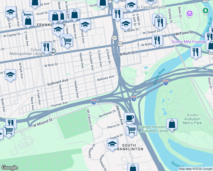 map of restaurants, bars, coffee shops, grocery stores, and more near 740 Campbell Avenue in Columbus