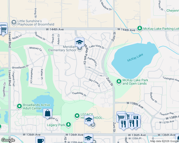 map of restaurants, bars, coffee shops, grocery stores, and more near 2650 McKay Landing Parkway in Broomfield