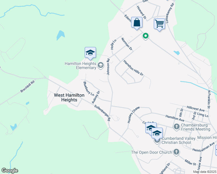 map of restaurants, bars, coffee shops, grocery stores, and more near 1503 Johnson Road in Chambersburg