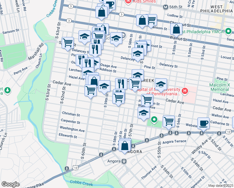 map of restaurants, bars, coffee shops, grocery stores, and more near 5822 Cedar Avenue in Philadelphia