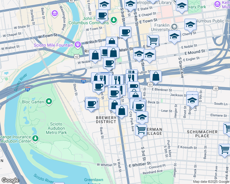 map of restaurants, bars, coffee shops, grocery stores, and more near 500 South High Street in Columbus