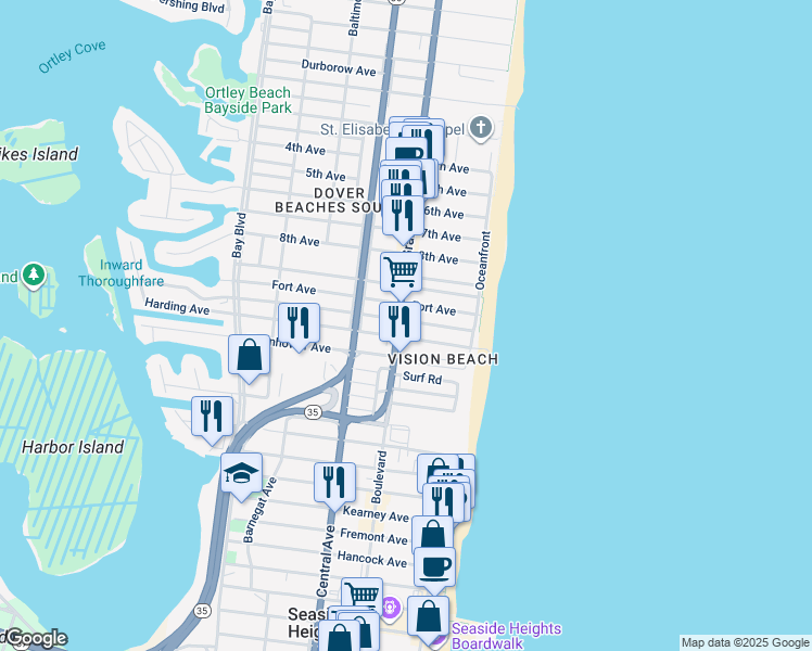 map of restaurants, bars, coffee shops, grocery stores, and more near in Seaside Heights