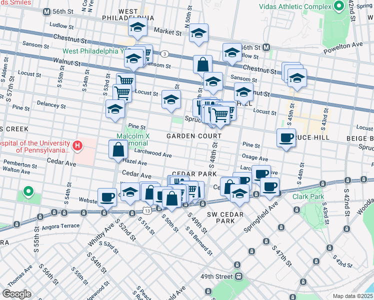 map of restaurants, bars, coffee shops, grocery stores, and more near 436 South 49th Street in Philadelphia