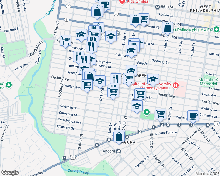 map of restaurants, bars, coffee shops, grocery stores, and more near 5830 Cedar Avenue in Philadelphia