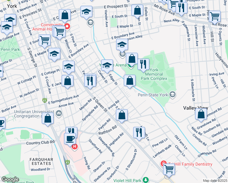 map of restaurants, bars, coffee shops, grocery stores, and more near 328 Springdale Road in York