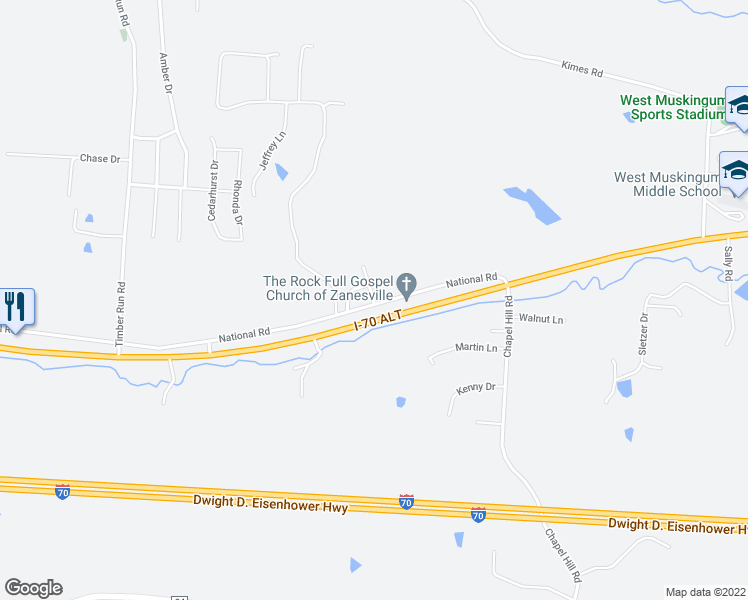 map of restaurants, bars, coffee shops, grocery stores, and more near 5971 National Road in Zanesville