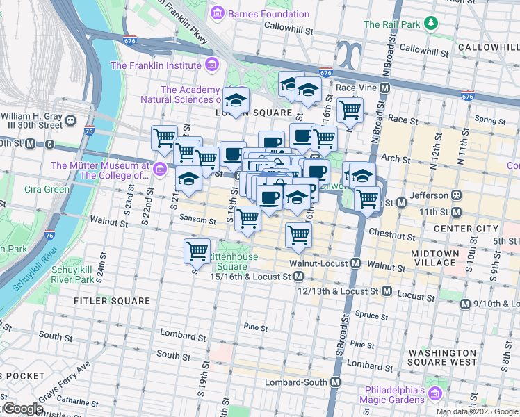 map of restaurants, bars, coffee shops, grocery stores, and more near 30 South 17th Street in Philadelphia