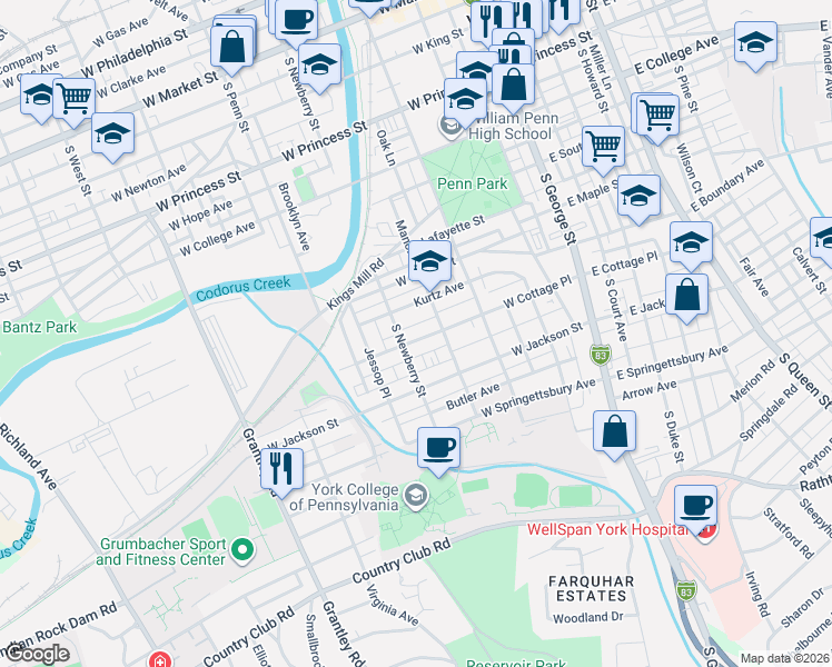 map of restaurants, bars, coffee shops, grocery stores, and more near 281 West Cottage Place in York