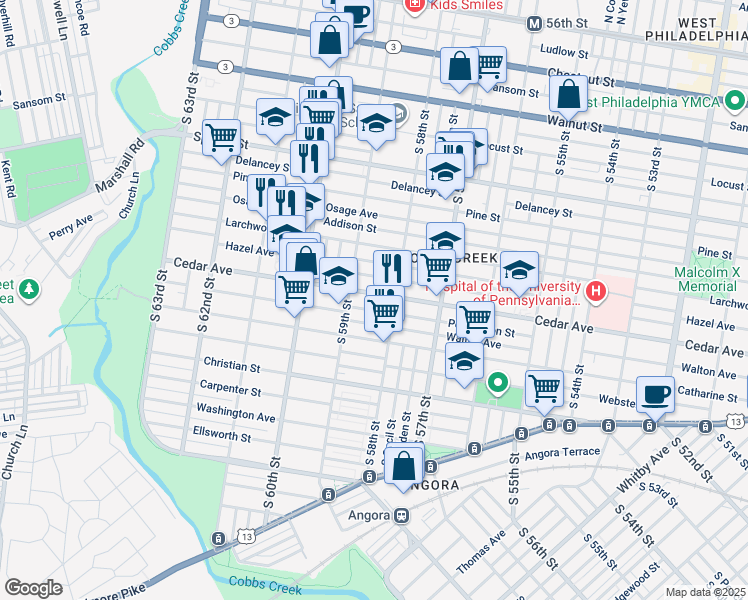 map of restaurants, bars, coffee shops, grocery stores, and more near 5830 Cedar Avenue in Philadelphia