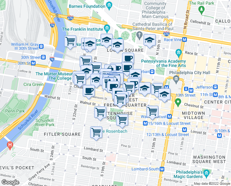 map of restaurants, bars, coffee shops, grocery stores, and more near Chestnut Street & South 19th Street in Philadelphia