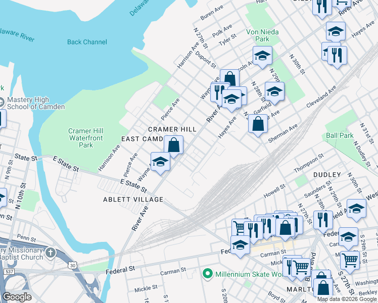 map of restaurants, bars, coffee shops, grocery stores, and more near 2103 River Avenue in Camden