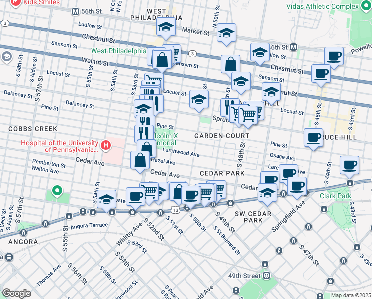 map of restaurants, bars, coffee shops, grocery stores, and more near 5019 Larchwood Avenue in Philadelphia