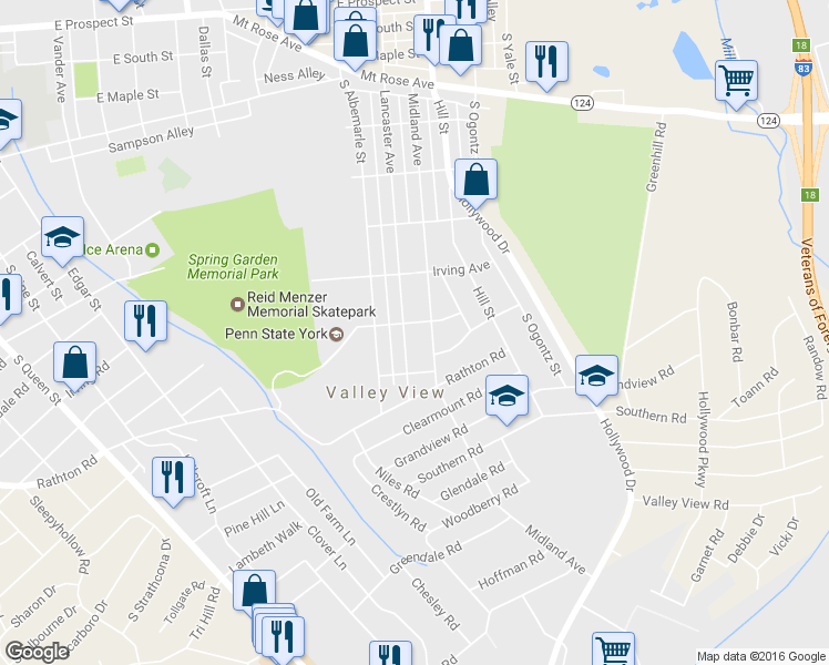map of restaurants, bars, coffee shops, grocery stores, and more near 1213 Lancaster Avenue in York