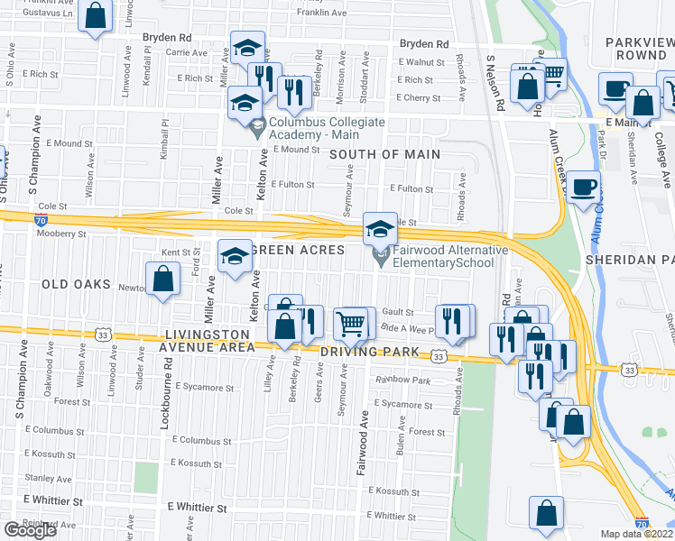 map of restaurants, bars, coffee shops, grocery stores, and more near 737 Seymour Avenue in Columbus