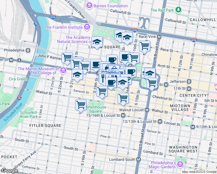 map of restaurants, bars, coffee shops, grocery stores, and more near 30 South 17th Street in Philadelphia