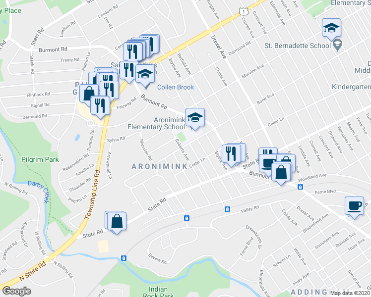 map of restaurants, bars, coffee shops, grocery stores, and more near 929 Roberts Avenue in Upper Darby