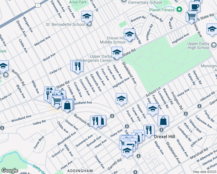 map of restaurants, bars, coffee shops, grocery stores, and more near in Delaware County