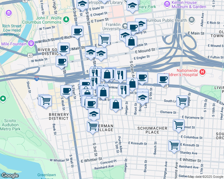 map of restaurants, bars, coffee shops, grocery stores, and more near 243 East Livingston Avenue in Columbus