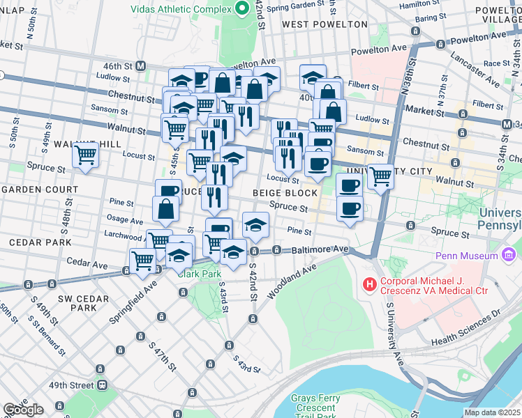 map of restaurants, bars, coffee shops, grocery stores, and more near 4114 Spruce Street in Philadelphia