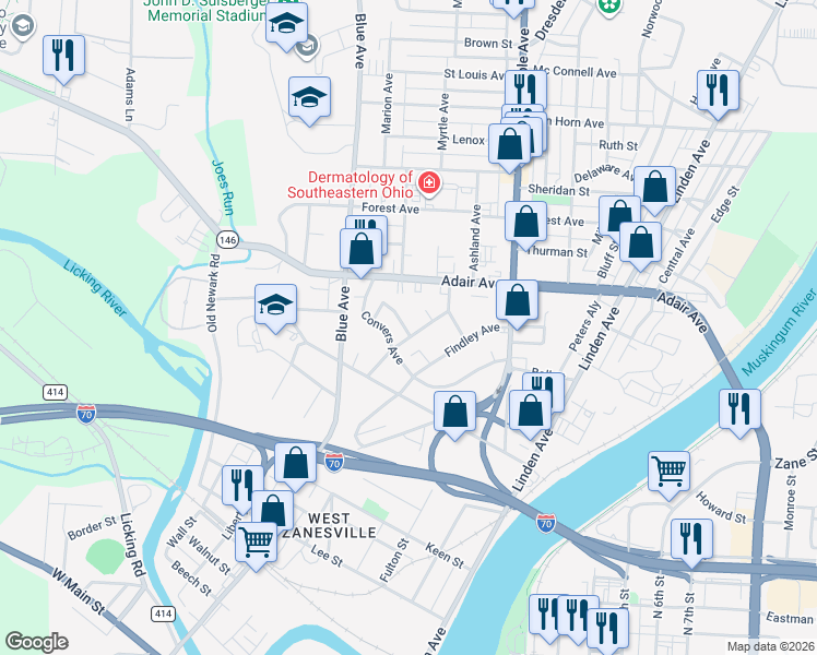 map of restaurants, bars, coffee shops, grocery stores, and more near 1041 Charles Street in Zanesville