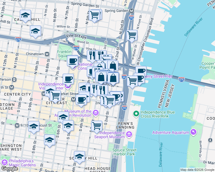 map of restaurants, bars, coffee shops, grocery stores, and more near 105 North Bread Street in Philadelphia
