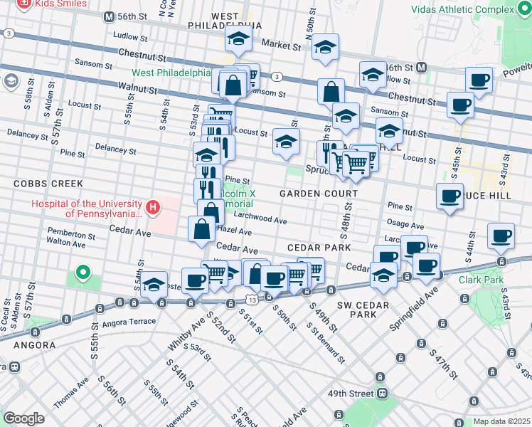map of restaurants, bars, coffee shops, grocery stores, and more near 5021 Larchwood Avenue in Philadelphia