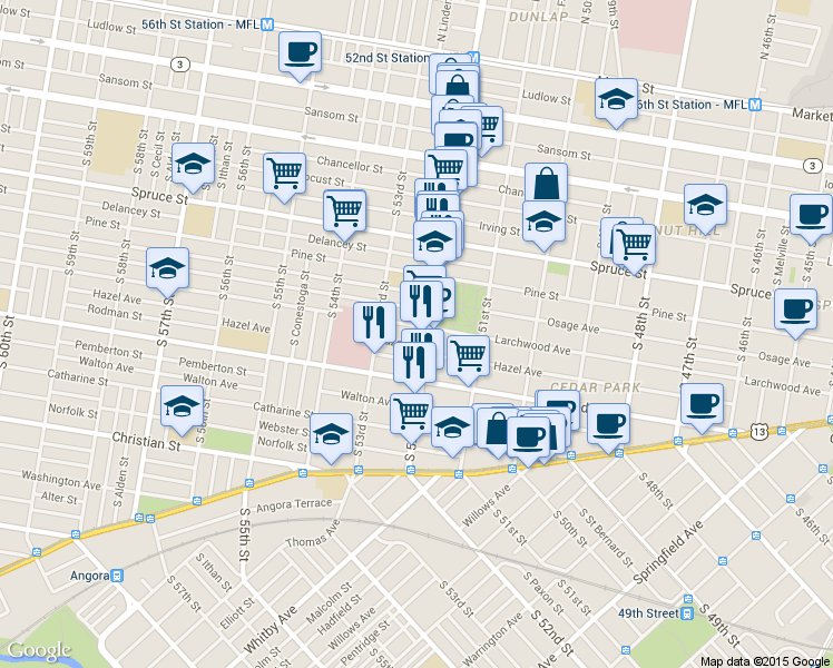 map of restaurants, bars, coffee shops, grocery stores, and more near 5206 Larchwood Ave in Philadelphia